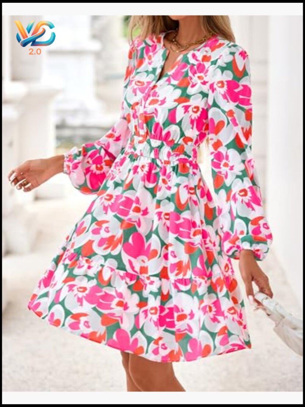 Mini Long Sleeve A-Line Dress with Pockets V-Neck - Picture 2 of 7